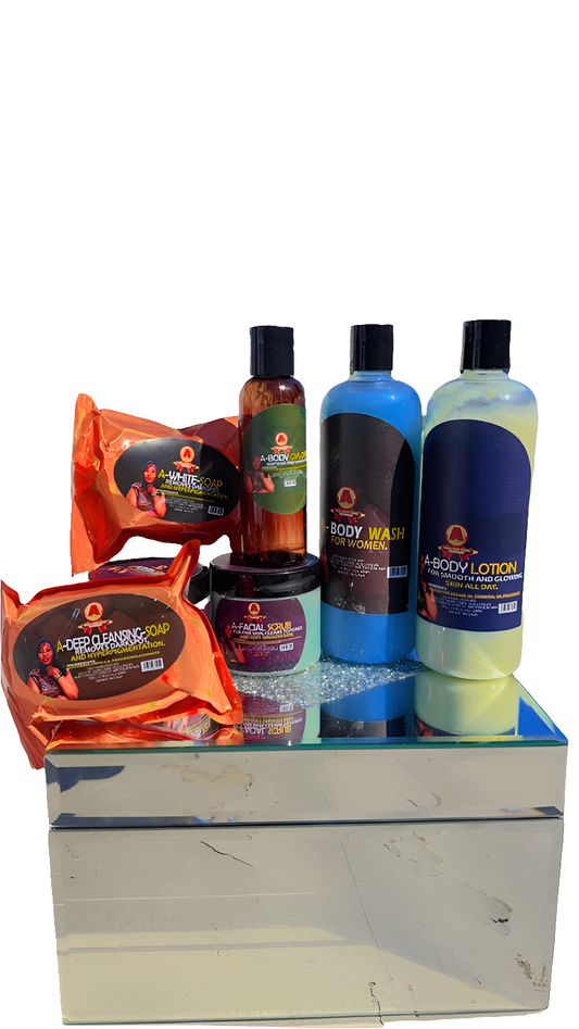 A-WHITE SOAP , A-FACIAL SCRUB, A-NOURISHING BODY WASH, A- BODY LOTION, A- BODY GLYCERIN